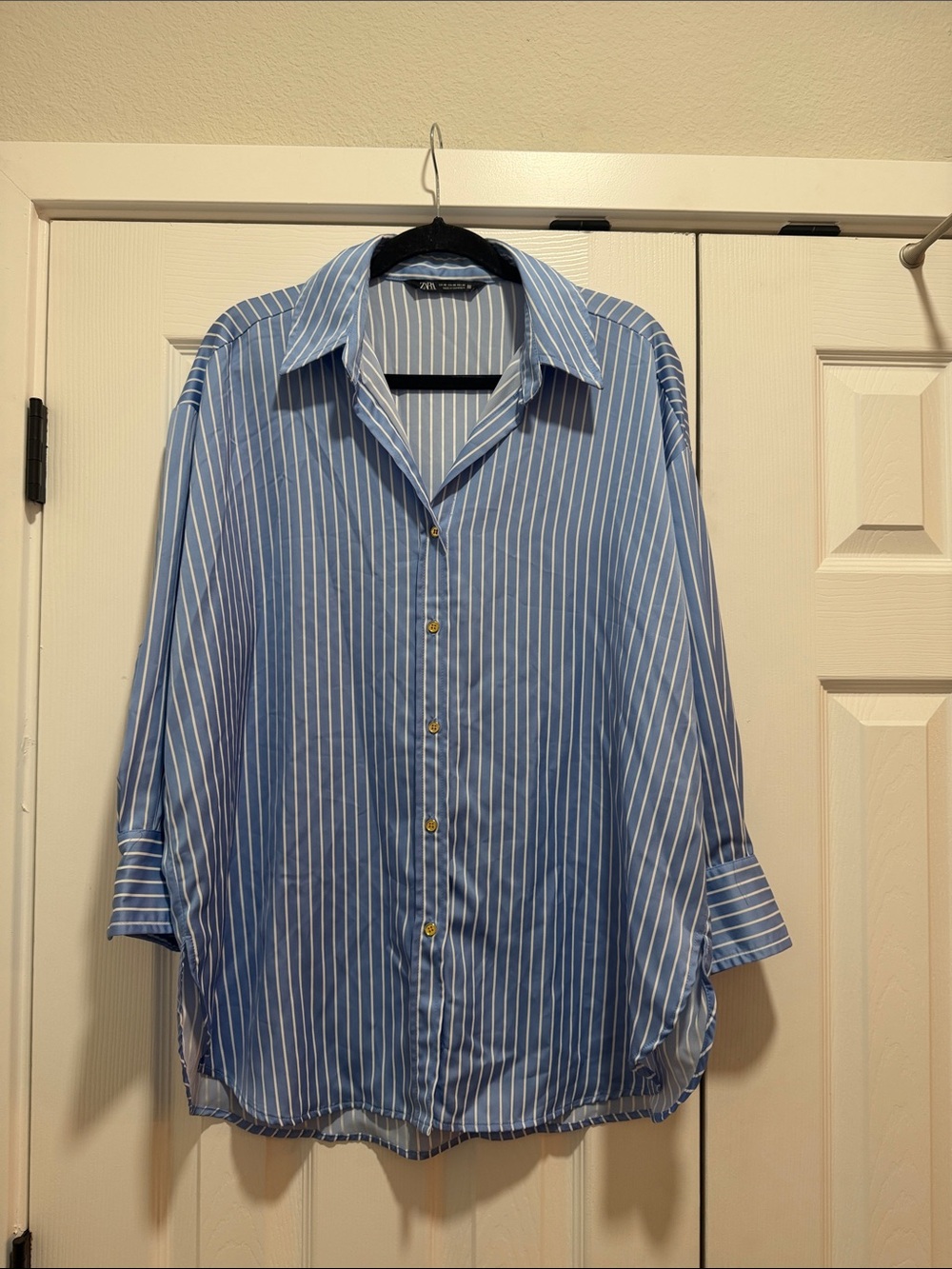 Zara Blue and White Striped Oversized Button-Down Shirt